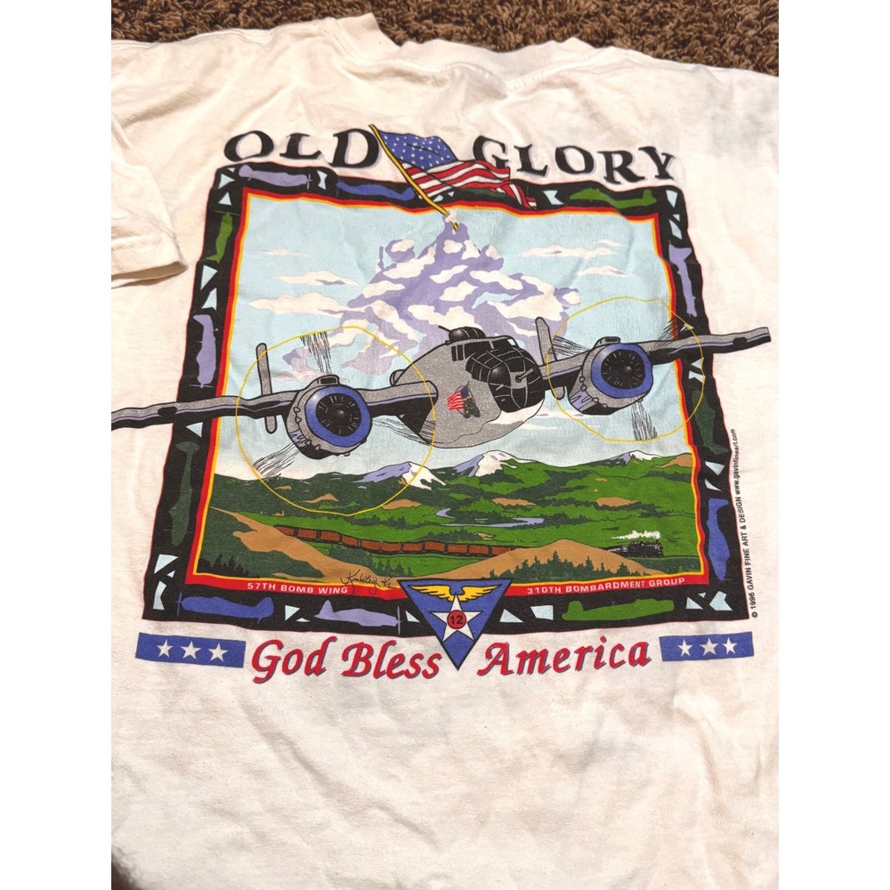 Vintage 1996 Old Glory B-25 Bomber God Bless America T-Shirt XL White Gildan